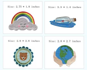 Detailed view of four colorful embroidered patches with precise size dimensions in inches.