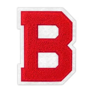 Detailed texture of red chenille embroidery letter B patch with white felt border for DIY