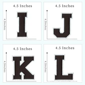 Detail showing 4.5 inch embroidered iron-on letter patches I, J, K, and L in black.