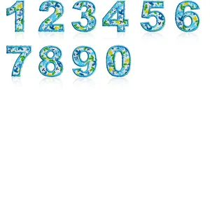 Detailed view of blue floral embroidered number patches 0-9 for DIY clothing decor.