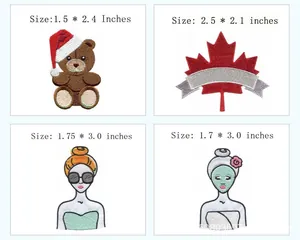Detailed view of four assorted embroidery patches with inch size specifications