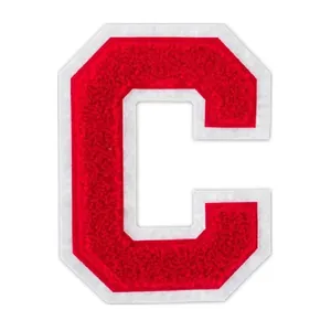 Detailed close-up of a red chenille embroidery letter C patch for DIY clothing decoration