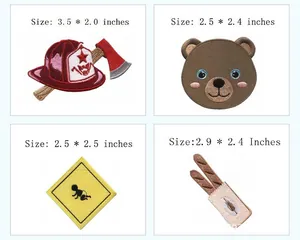 Detailed view of four assorted embroidery patches with precise inch measurements