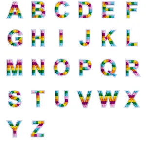 Detailed view showing the full set of 26 colorful striped embroidered alphabet patches