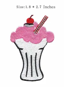 Close-up view of a pink milkshake embroidered iron-on patch with size dimensions 1.8x2.7 inches