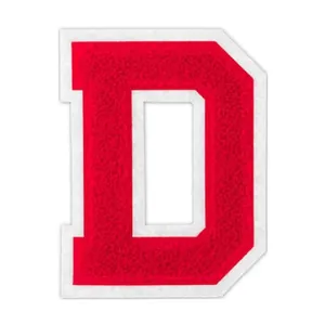 Detailed view of a premium red chenille letter D embroidery patch with white felt border