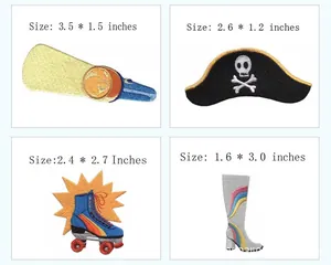 Detailed size guide for assorted embroidery iron-on patches in various artistic designs