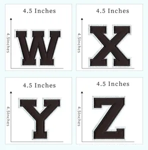 Detailed view of 4.5 inch black and white varsity letter patches for W X Y Z alphabet
