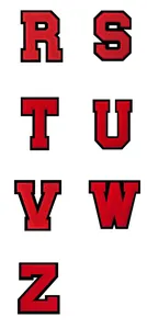 Parches de letras de chenilla roja R S T U V W Z con borde negro para manualidades