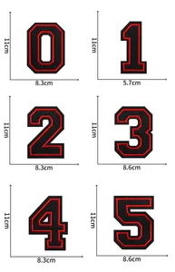 Guida alle dimensioni per toppe ricamate numeri da 0 a 5 nere e rosse, altezza 11 cm