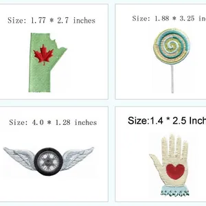 Detailed view of various embroidered patches showing lollipop and heart patterns with sizes