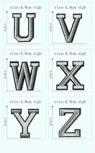 Detaillierte Ansicht von bestickten Buchstaben-Patches U bis Z mit 4,8 cm Höhenangaben.