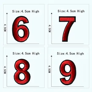 Détail des écussons brodés de 4,5 cm de haut, chiffres 6 à 9, rouge et noir, à thermocoller