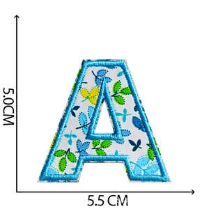Blue floral embroidered letter A iron-on patch, decorative sewing applique, 5.5 x 5.0 cm