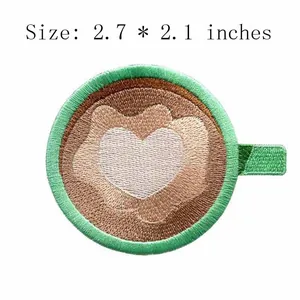 Round heart latte art coffee embroidery patch for clothing DIY decoration 2.7x2.1 inches