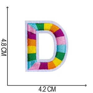 Detailed view of colorful embroidered letter D patch showing dimensions 4.8 x 4.2 cm