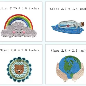 Set of 4 colorful embroidered iron-on patches with various designs and sizes