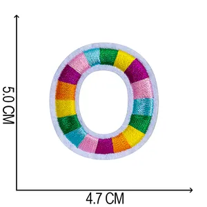 Detailed view of a colorful embroidered letter O patch with 5x4.7cm size dimensions