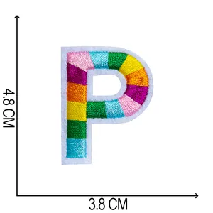 Rainbow colorful embroidered letter P patch detail with dimensions 4.8 x 3.8 cm