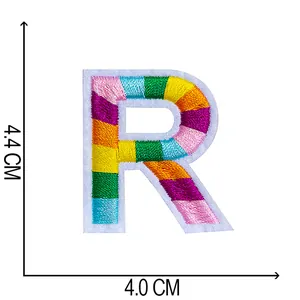 Detailed size measurement of the embroidered rainbow letter R patch (4.4 x 4.0 cm)