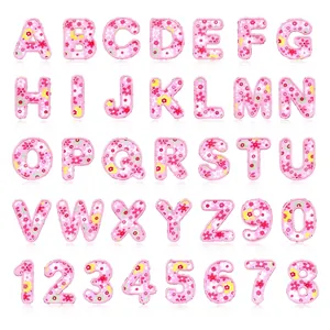 Full set of pink floral embroidered alphabet A-Z and number patches for DIY decor