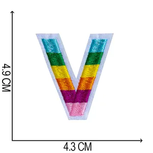Rainbow embroidered letter V patch with dimensions 4.9 x 4.3 cm for DIY clothing