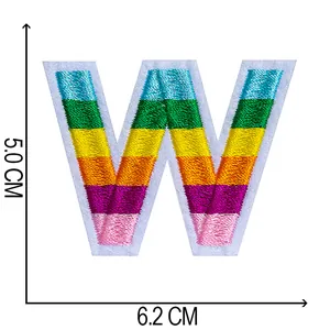 Detailed size measurements for rainbow striped embroidered letter W patch, 6.2cm x 5.0cm