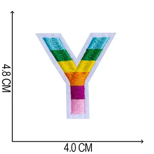 Rainbow multi-color embroidered letter Y patch size 4.8 x 4.0 cm detail view for clothing DIY