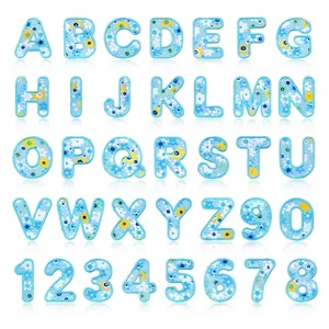 Full set of floral embroidery patches featuring blue letters and numbers for DIY crafts