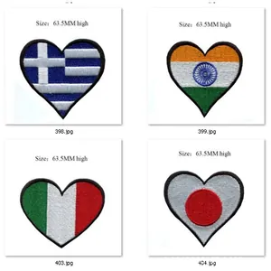 Heart-shaped flag embroidery patches featuring Greece, India, Italy, and Japan