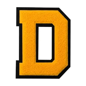Macro detail of a high-quality yellow chenille letter D embroidery patch with black felt border