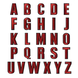 Full set of 26 red A-Z English letter embroidered iron-on patches for DIY clothing.