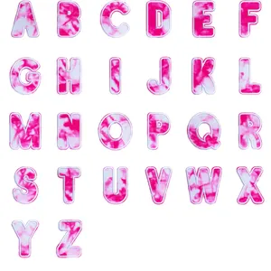 Full set of 26 pink and white tie-dye embroidered alphabet letter patches for clothing.