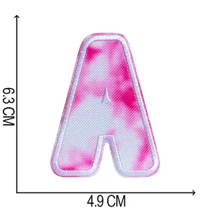 Detailed view of pink tie-dye embroidered letter A patch with dimensions 6.3x4.9 cm