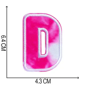 Pink tie-dye embroidered capital letter D patch with size dimensions 6.4x4.3cm