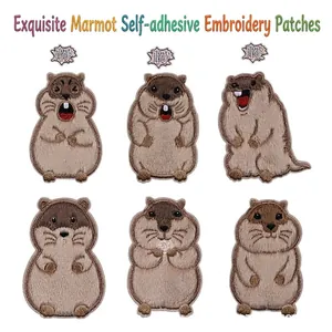 Detailed embroidery texture of six cute marmot self-adhesive patches for DIY