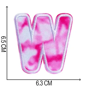 Pink and white tie-dye letter W embroidered patch for DIY clothing, 6.5 x 6.3 cm.