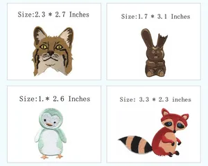 Detailed view of four cute animal embroidery patches with size specifications in inches