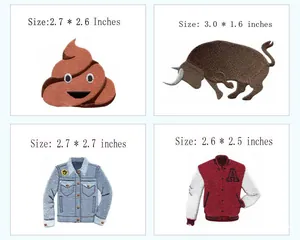 Detailed view of various iron-on embroidered patches with specific dimension measurements
