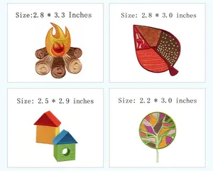 Detailansicht der genauen Abmessungen verschiedener Stickpatches wie Feuer und Blatt.