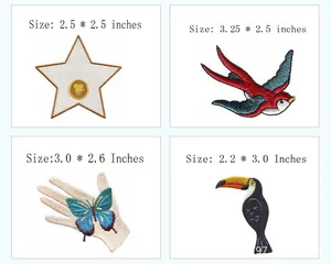 Detail of diverse embroidered patches featuring star, swallow, butterfly and toucan designs.