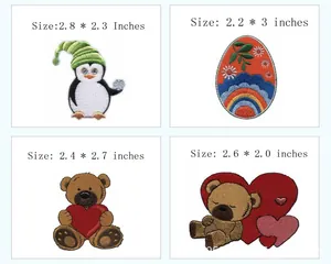 Detailed view showing the dimensions of four different cartoon embroidery heat transfer patches