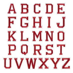 Full set of 26 red and white embroidered alphabet patches in varsity block font