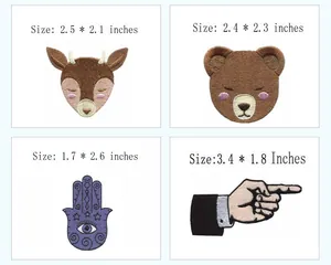 Detailed view of four assorted embroidered iron-on patches with size measurements in inches