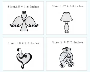 Detail view showing dimensions of various embroidery patch designs including angel and heart.