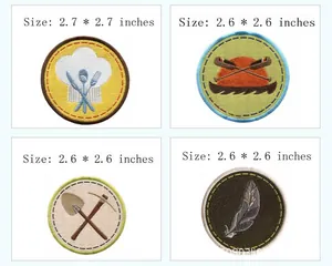 Vue détaillée de quatre écussons brodés avec dimensions en pouces
