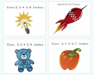 Detailed view of various embroidery iron-on patches showing size measurements for DIY projects