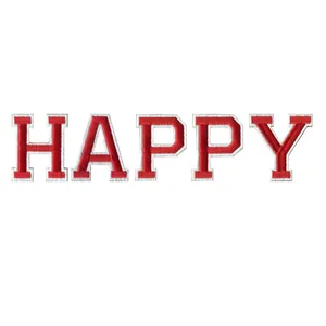 Detailed view of red embroidered HAPPY letter patches for DIY clothing decoration