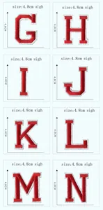 Detailed view of red alphabet embroidery patches G to N with 4.8cm size markings.
