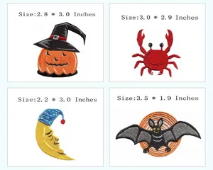 Detailed view of various embroidery patches showing precise dimensions in inches for DIY sewing